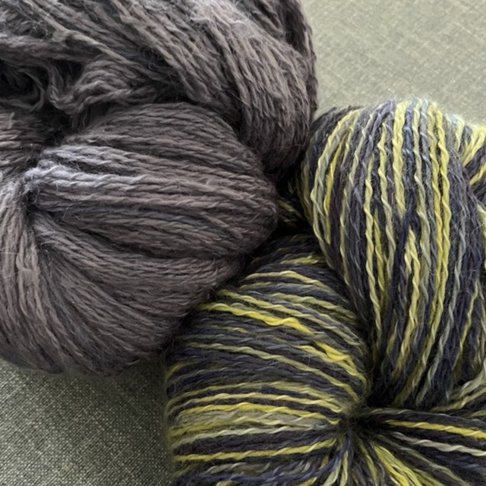 Two 8oz Skeins 500yd Brooks Farm Duet 55% MOHAIR 45% FINE WOOL Greens Purples‎